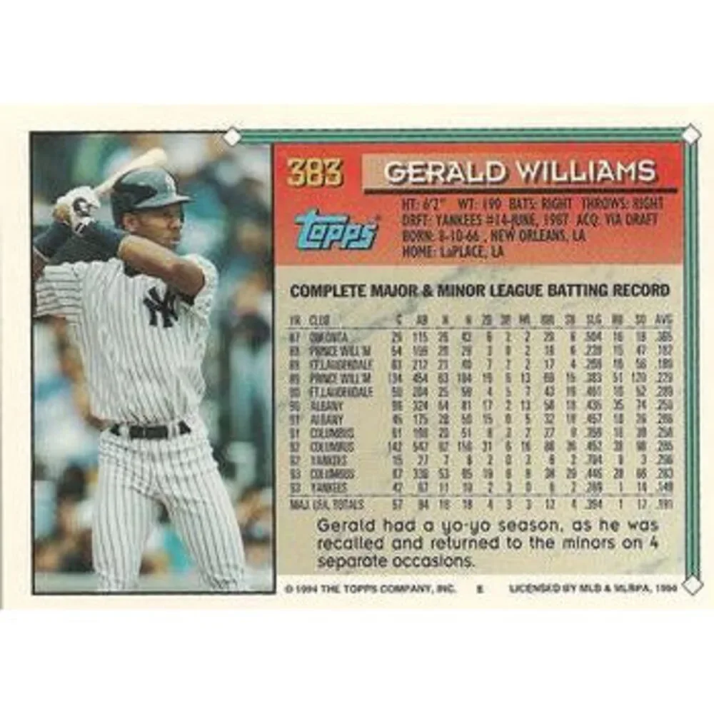 1994 Topps Gerald Williams # 383 New York Yankees
